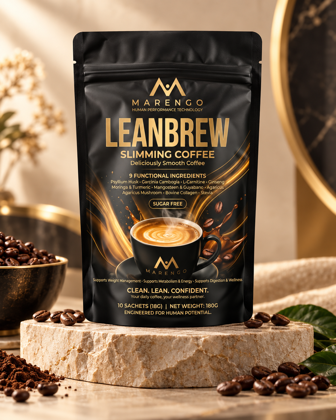Marengo LeanBrew slimming coffee pouch with coffee beans